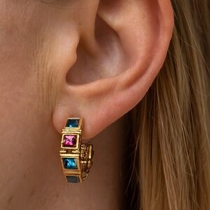 Swarovski Crystal Hoop Earrings post pierced goldtone colored crystals vintage